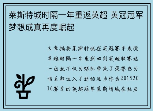 莱斯特城时隔一年重返英超 英冠冠军梦想成真再度崛起 莱斯特城时隔一年重返英超 英冠冠军梦想成真再度崛起